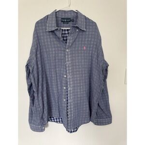 VTG Ralph Lauren Custom Fit Shirt Mens XXL Blue Gingham Check Button Down